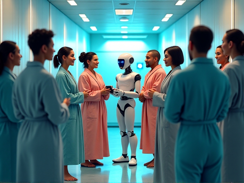 A diverse group of patients in a cryo clinic, smiling and interacting with a healthcare professional. The clinic features advanced AI-powered equipment and a welcoming, modern environment. Keywords: patient satisfaction, cryotherapy, AI, healthcare innovation.