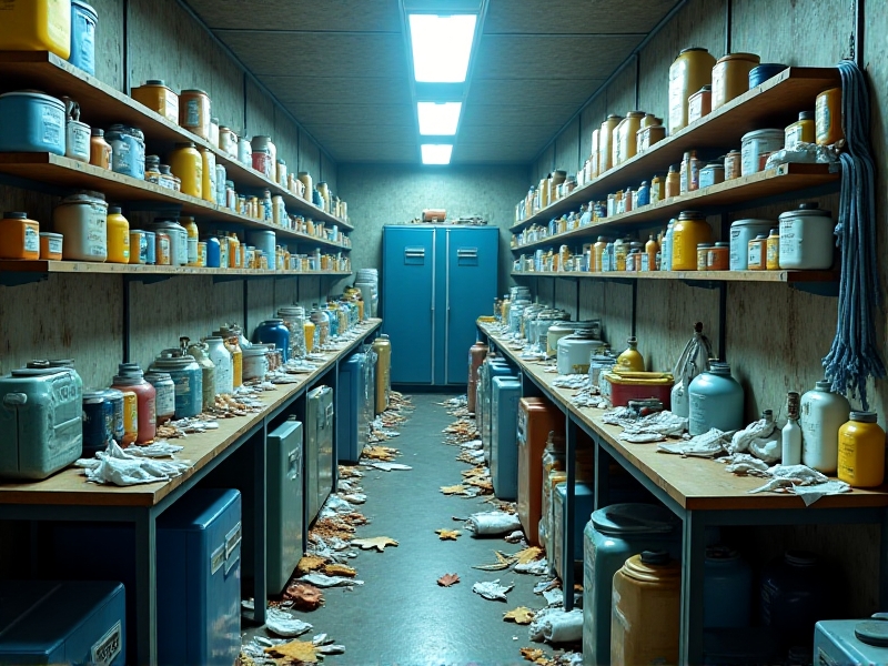 A cluttered storage room filled with cryotherapy consumables, some of which are disorganized and improperly stored. The image conveys the complexity of managing perishable items in a fast-paced environment.