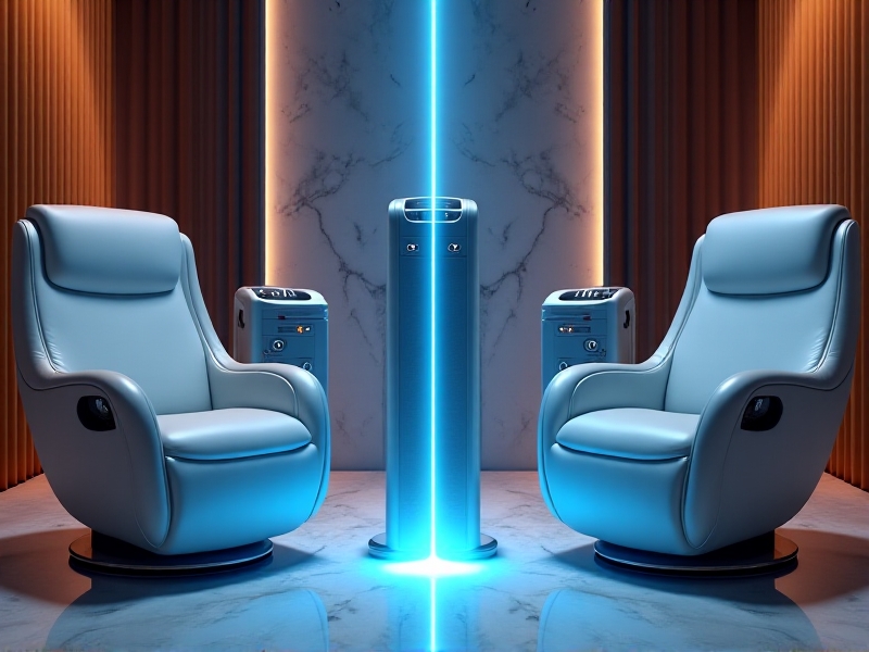 A side-by-side comparison of a salon cryo facial setup and an at-home cryo device. The salon features a luxurious chair and advanced equipment, while the at-home device is compact and user-friendly. The image highlights the differences in investment and convenience.