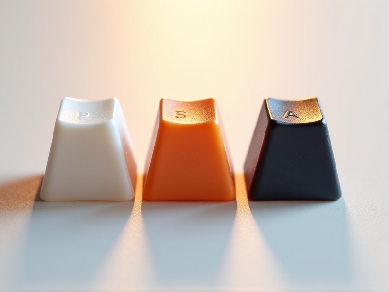 A close-up of three different 3D-printed keycap samples made from PLA, ABS, and resin, each showcasing distinct textures and finishes, placed on a white background with bright, even lighting to highlight the material differences.