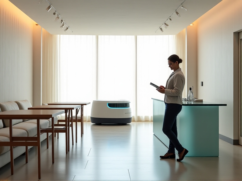 A serene float facility with clean, minimalist design, showcasing the benefits of automated sanitization. The image features a staff member reviewing sanitization logs on a tablet, while in the background, a robotic system performs cleaning tasks. The atmosphere is calm and professional, emphasizing efficiency and safety.